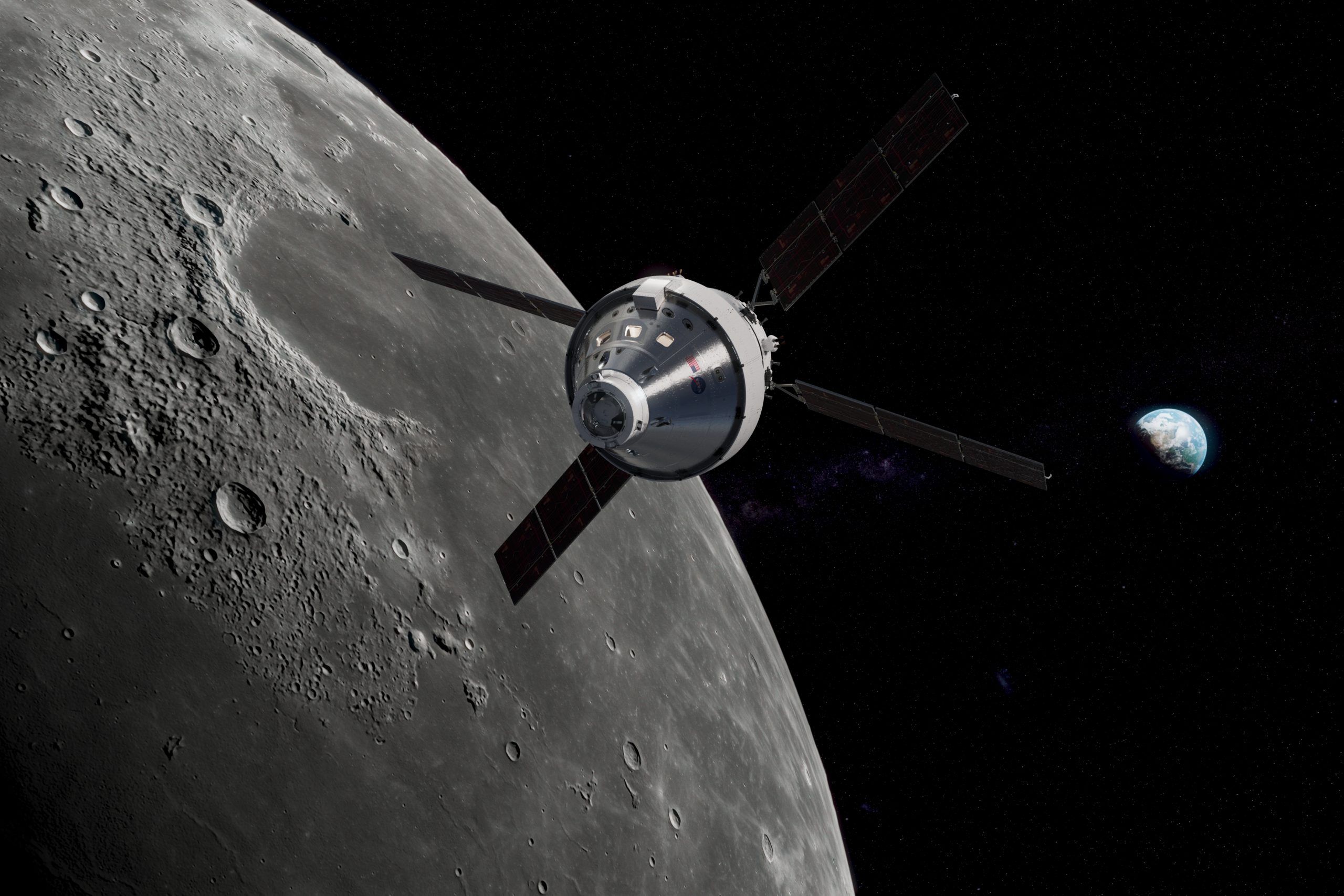 NASA Orion spacecraft orbiting the moon in space