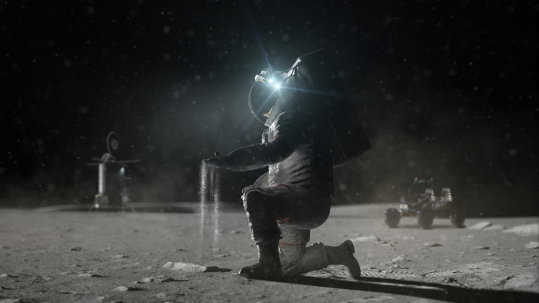 Astronaut on the moon sifting moon surface dust through gloved hand with moon rover in the background