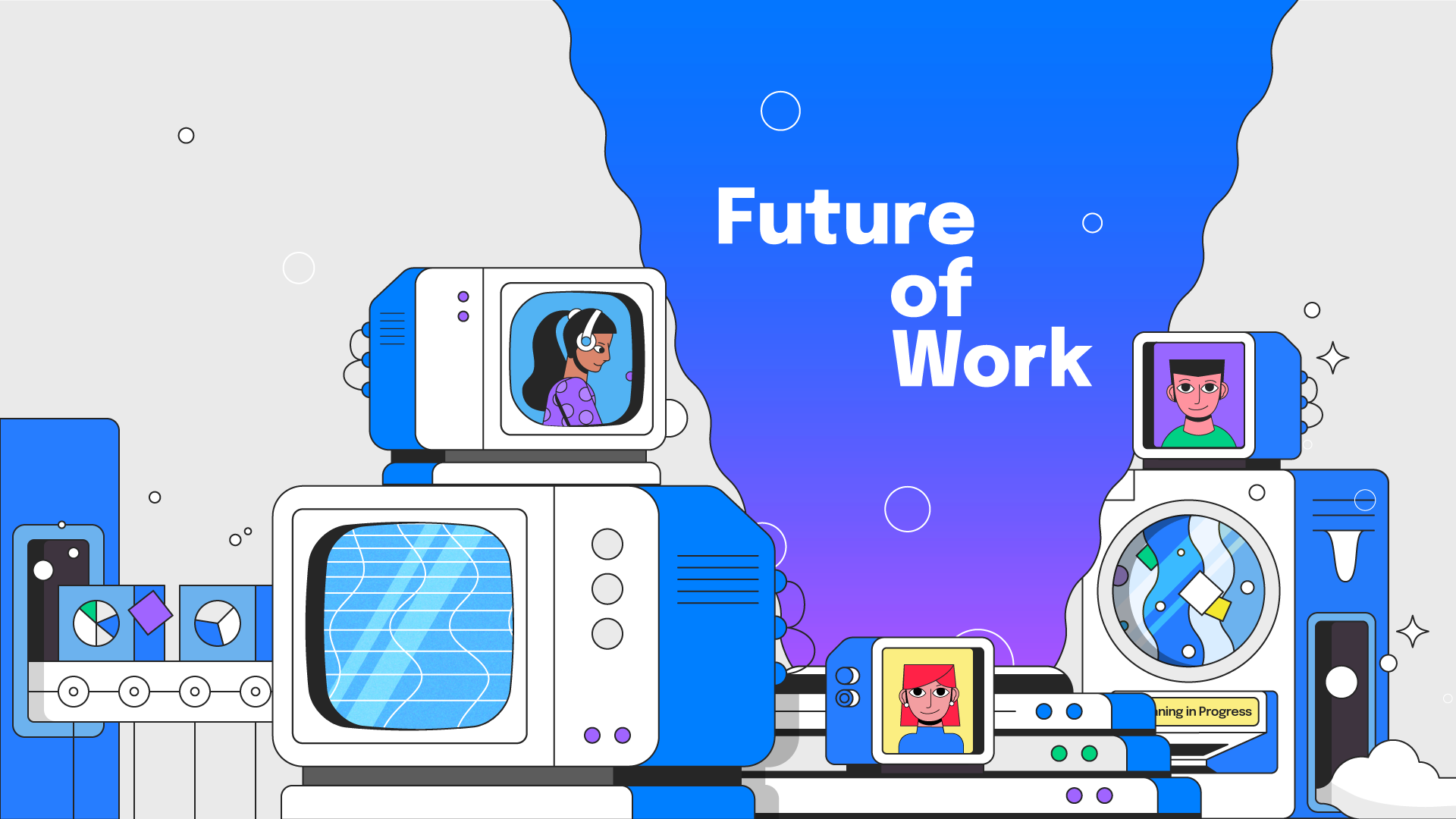 Future of work graphic showing multiple futuristic devices depicting people collaboration virtually and remotely