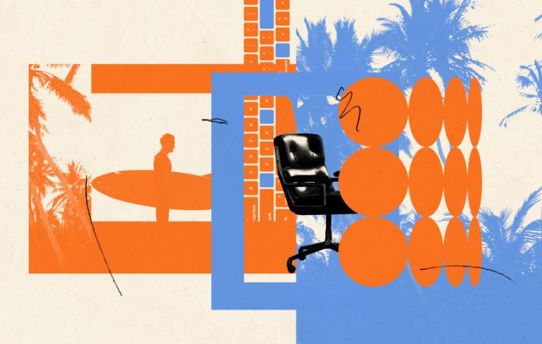collage with person with surfboard, an office chair, and keyboard representing digital nomad and hybrid work