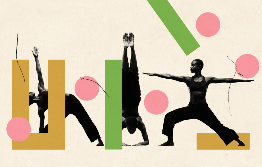 collage of black woman doing stretches and yoga poses amidst shapes representing self care