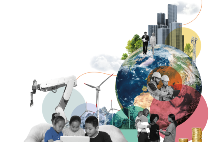 Collage with humans, robots, building, the earth globe, energy sources, representing mega trends for work, collaboration, and communication in the next 20 years