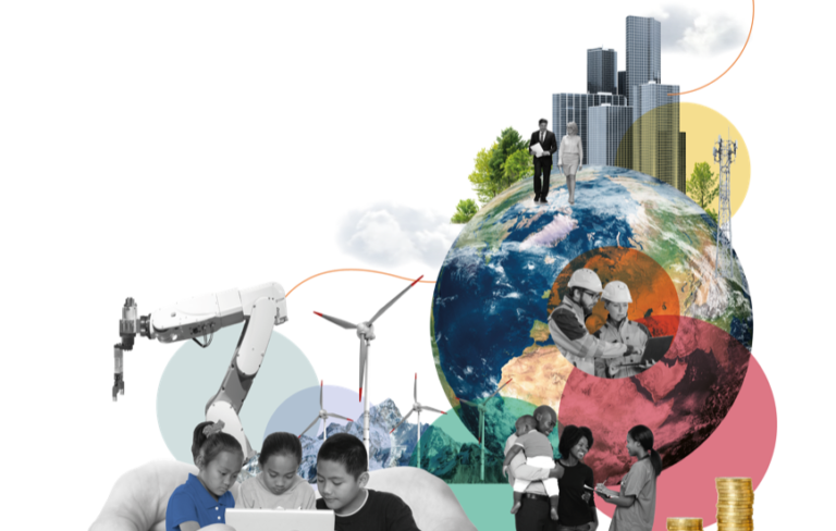 Collage with humans, robots, building, the earth globe, energy sources, representing mega trends for work, collaboration, and communication in the next 20 years