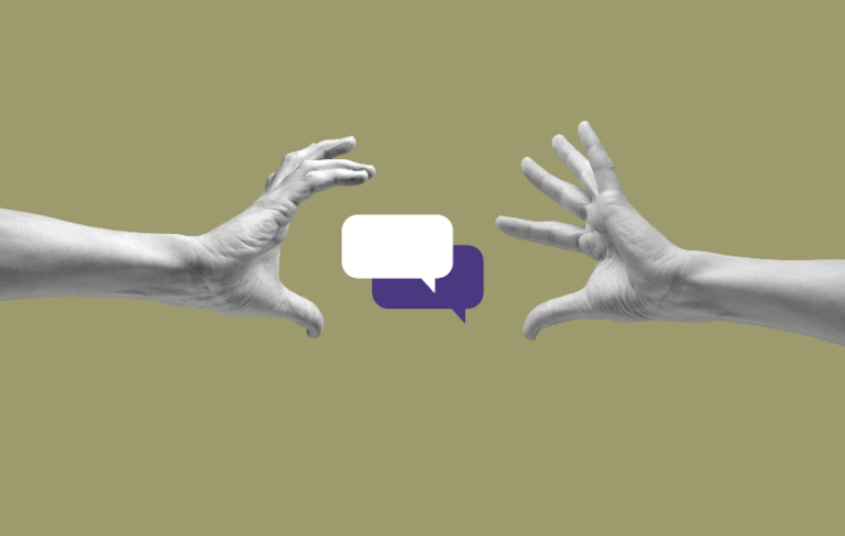 2 hands reaching out to 2 talk bubble icons
