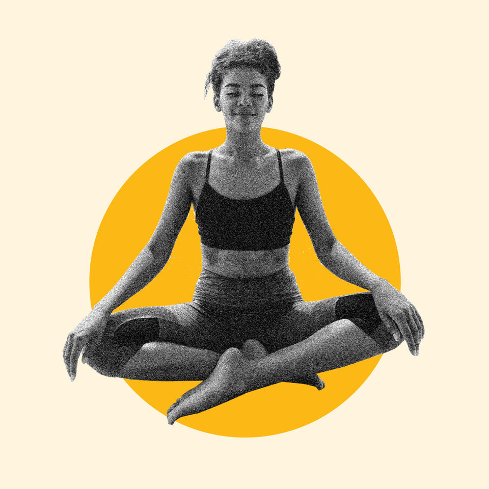 portrait of woman in meditative yoga pose with stylized yellow circle in the background
