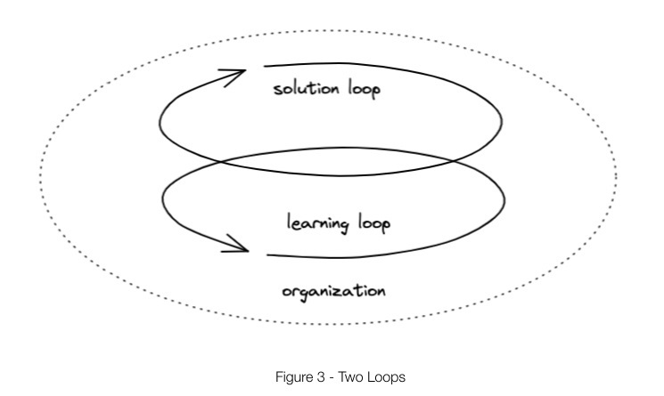 drawing of two intersecting ovals, soltuion loop above learning loop, surrounded by organization oval