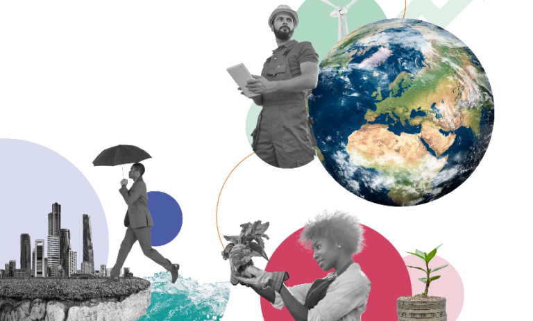Collage with humans, plants, buildings, water, wind turbines, the earth globe, representing working scenarios