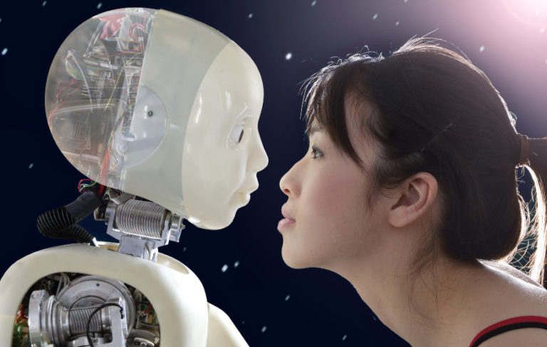 Woman and robot face to face